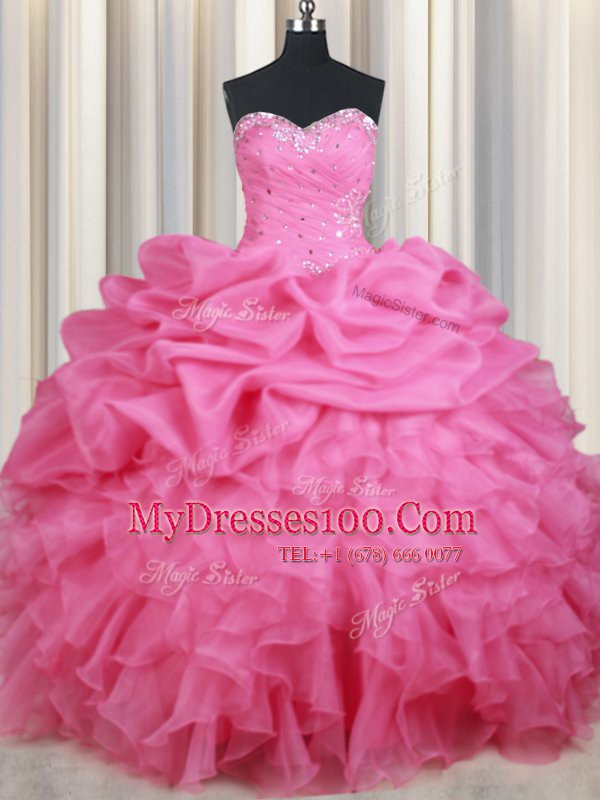 Rose Pink Ball Gowns Sweetheart Sleeveless Organza Floor Length Lace Up Beading and Ruffles and Pick Ups Quince Ball Gowns