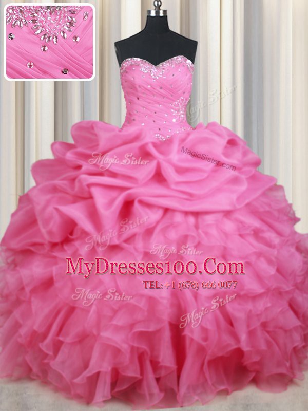 Rose Pink Ball Gowns Sweetheart Sleeveless Organza Floor Length Lace Up Beading and Ruffles and Pick Ups Quince Ball Gowns