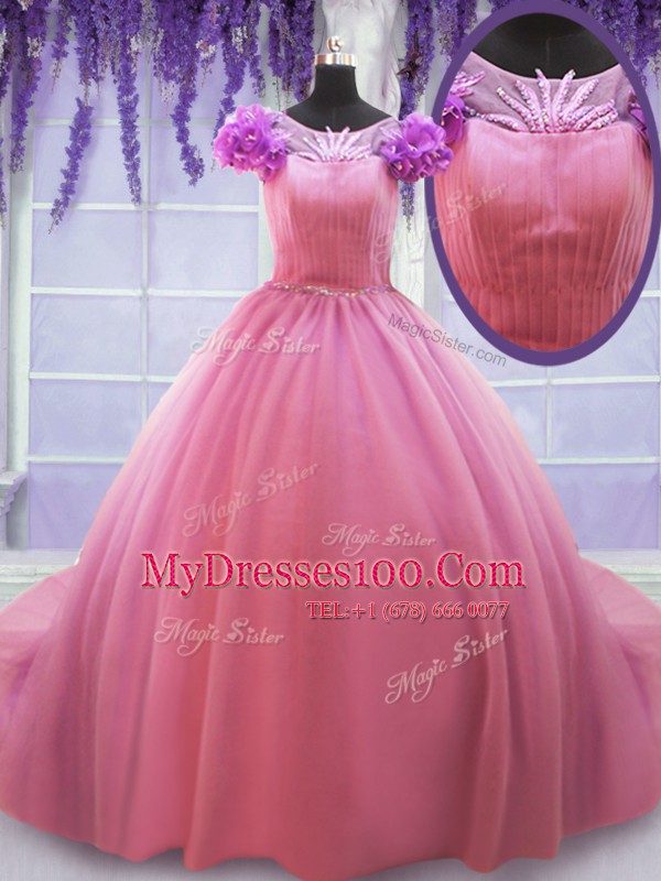 Customized Scoop Rose Pink Sweet 16 Quinceanera Dress Tulle Court Train Cap Sleeves Beading and Hand Made Flower