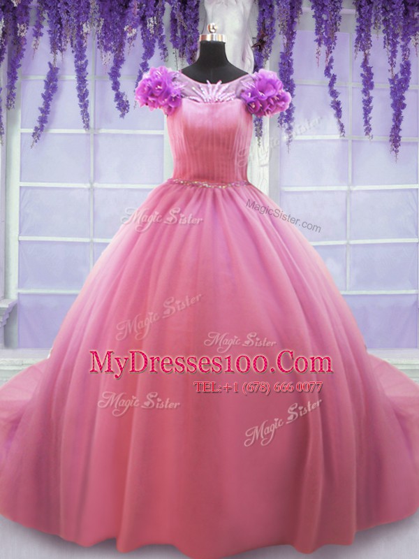 Customized Scoop Rose Pink Sweet 16 Quinceanera Dress Tulle Court Train Cap Sleeves Beading and Hand Made Flower