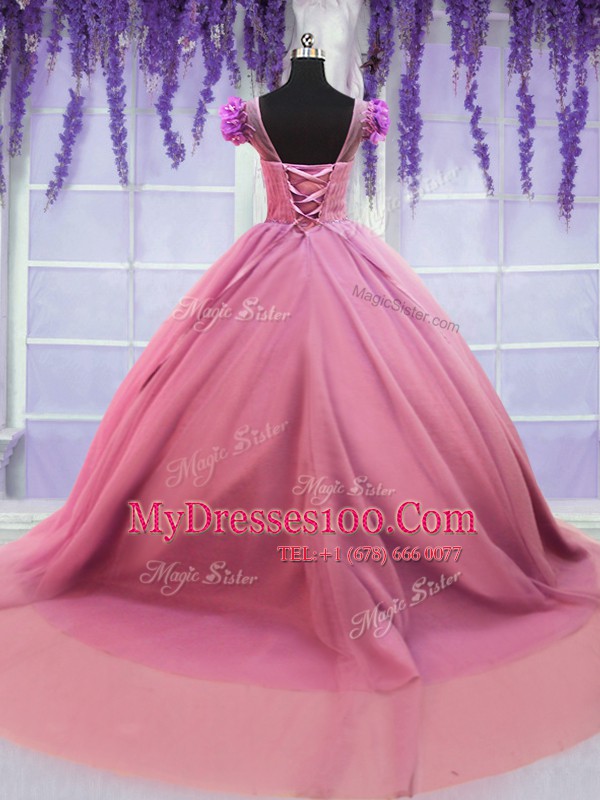 Customized Scoop Rose Pink Sweet 16 Quinceanera Dress Tulle Court Train Cap Sleeves Beading and Hand Made Flower