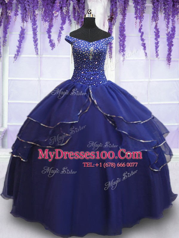 Vintage Off the Shoulder Beading and Ruffled Layers and Sequins Quinceanera Gowns Royal Blue Lace Up Sleeveless Floor Length