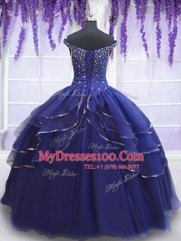 Vintage Off the Shoulder Beading and Ruffled Layers and Sequins Quinceanera Gowns Royal Blue Lace Up Sleeveless Floor Length