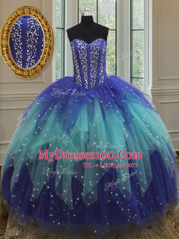 Royal Blue and Aqua Blue Sleeveless Tulle Lace Up Sweet 16 Dress for Military Ball and Sweet 16 and Quinceanera