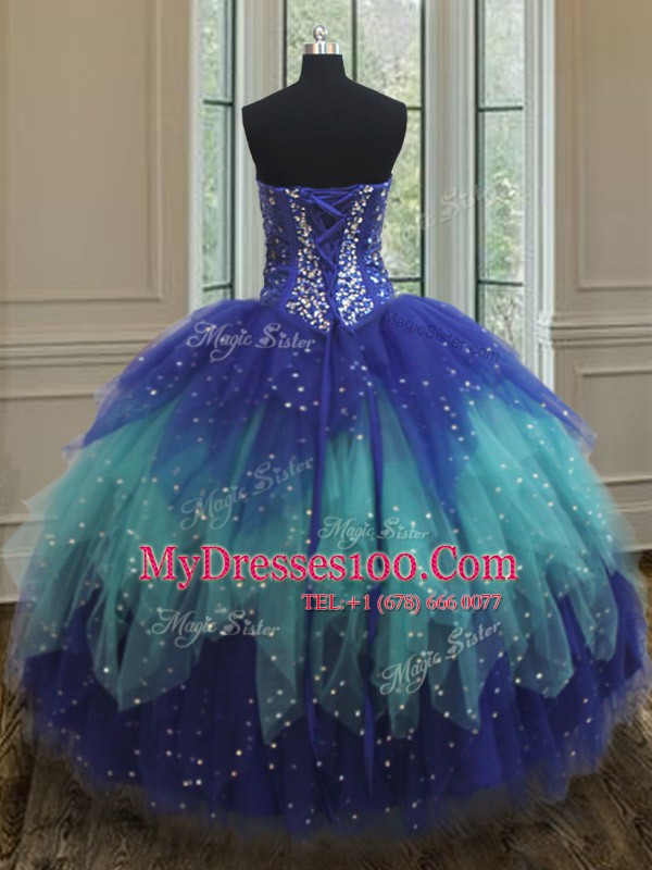 Royal Blue and Aqua Blue Sleeveless Tulle Lace Up Sweet 16 Dress for Military Ball and Sweet 16 and Quinceanera