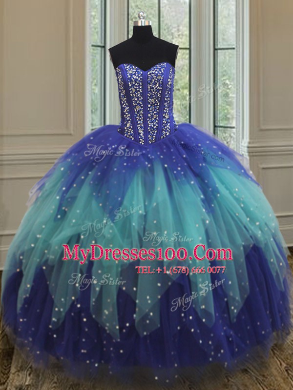 Royal Blue and Aqua Blue Sleeveless Tulle Lace Up Sweet 16 Dress for Military Ball and Sweet 16 and Quinceanera