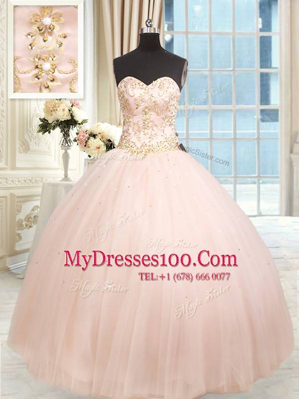 Exceptional Floor Length Lace Up Quinceanera Dress Baby Pink for Military Ball and Sweet 16 and Quinceanera with Beading and Embroidery