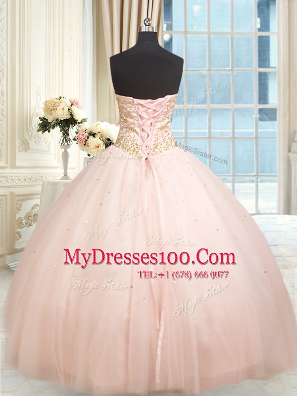 Exceptional Floor Length Lace Up Quinceanera Dress Baby Pink for Military Ball and Sweet 16 and Quinceanera with Beading and Embroidery