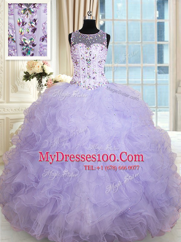 Attractive Scoop Lavender Ball Gowns Beading and Ruffles Sweet 16 Dresses Lace Up Tulle Sleeveless Floor Length