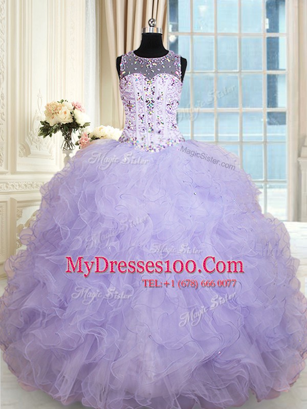 Attractive Scoop Lavender Ball Gowns Beading and Ruffles Sweet 16 Dresses Lace Up Tulle Sleeveless Floor Length