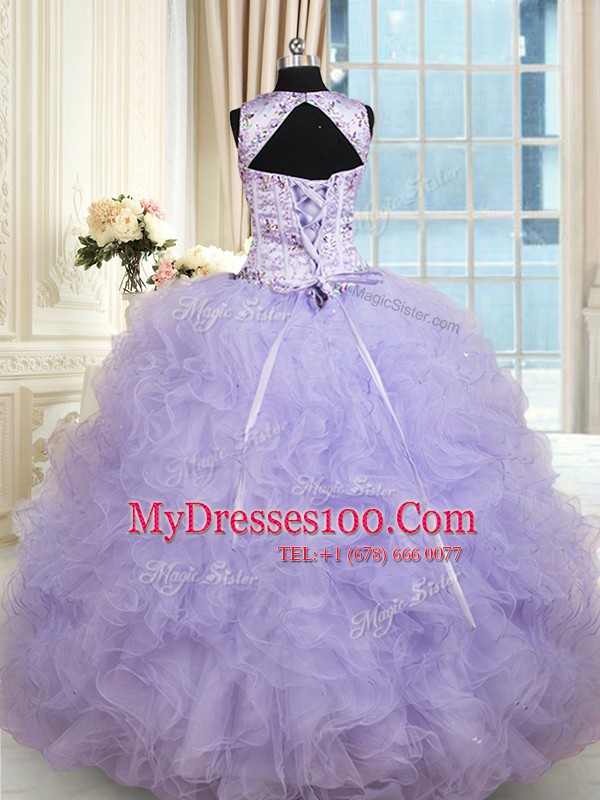 Attractive Scoop Lavender Ball Gowns Beading and Ruffles Sweet 16 Dresses Lace Up Tulle Sleeveless Floor Length