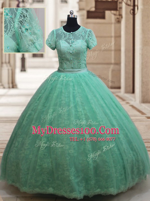 Captivating Scoop Apple Green Short Sleeves Lace Zipper Quinceanera Gown for Military Ball and Sweet 16 and Quinceanera