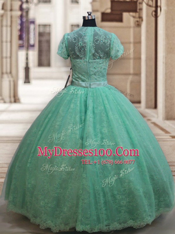 Captivating Scoop Apple Green Short Sleeves Lace Zipper Quinceanera Gown for Military Ball and Sweet 16 and Quinceanera