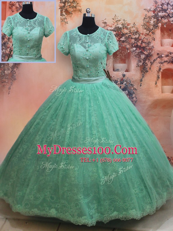 Captivating Scoop Apple Green Short Sleeves Lace Zipper Quinceanera Gown for Military Ball and Sweet 16 and Quinceanera
