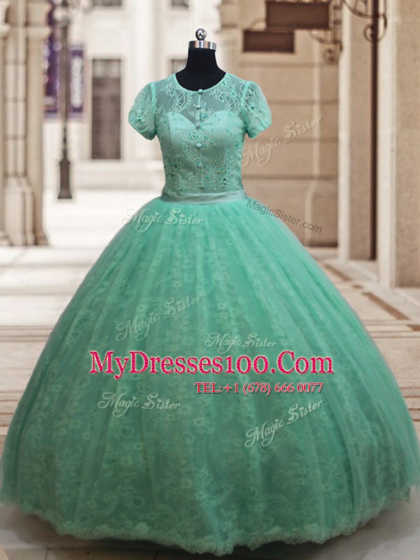 Captivating Scoop Apple Green Short Sleeves Lace Zipper Quinceanera Gown for Military Ball and Sweet 16 and Quinceanera