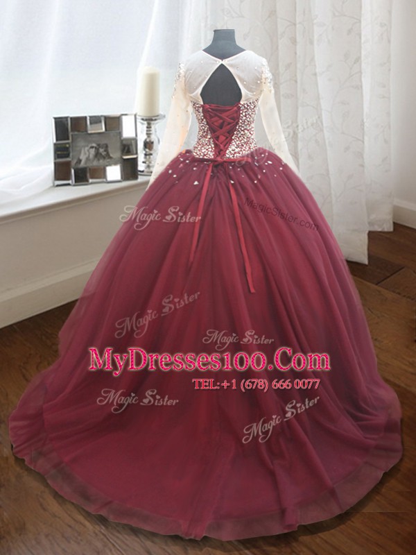 Flirting Sequins Wine Red Quinceanera Gown Scoop Long Sleeves Court Train Lace Up