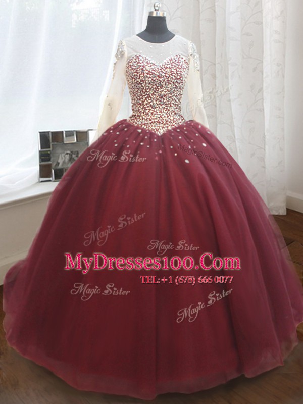 Flirting Sequins Wine Red Quinceanera Gown Scoop Long Sleeves Court Train Lace Up