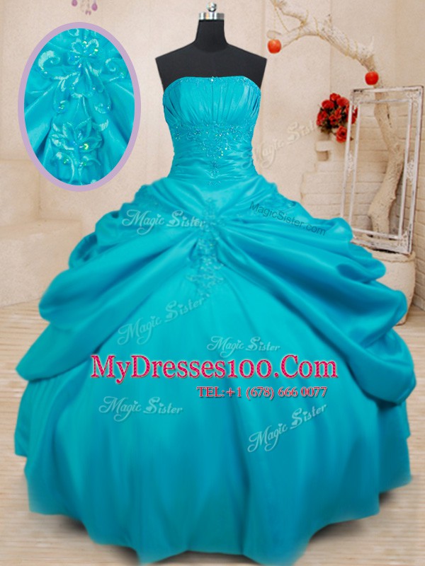 Floor Length Teal Ball Gown Prom Dress Taffeta Sleeveless Appliques