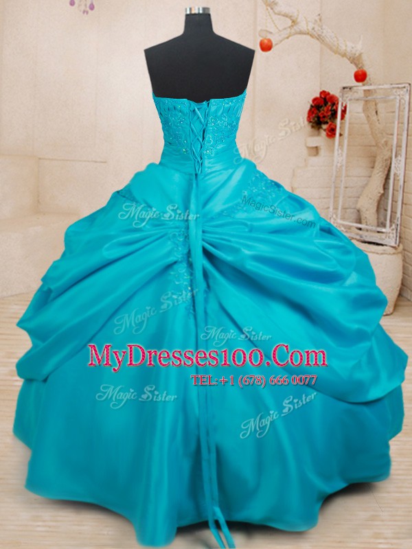 Floor Length Teal Ball Gown Prom Dress Taffeta Sleeveless Appliques