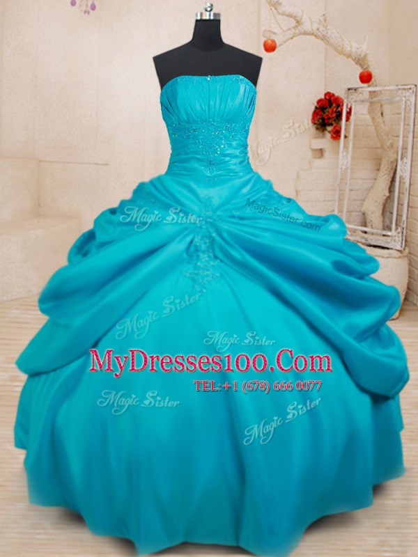 Floor Length Teal Ball Gown Prom Dress Taffeta Sleeveless Appliques