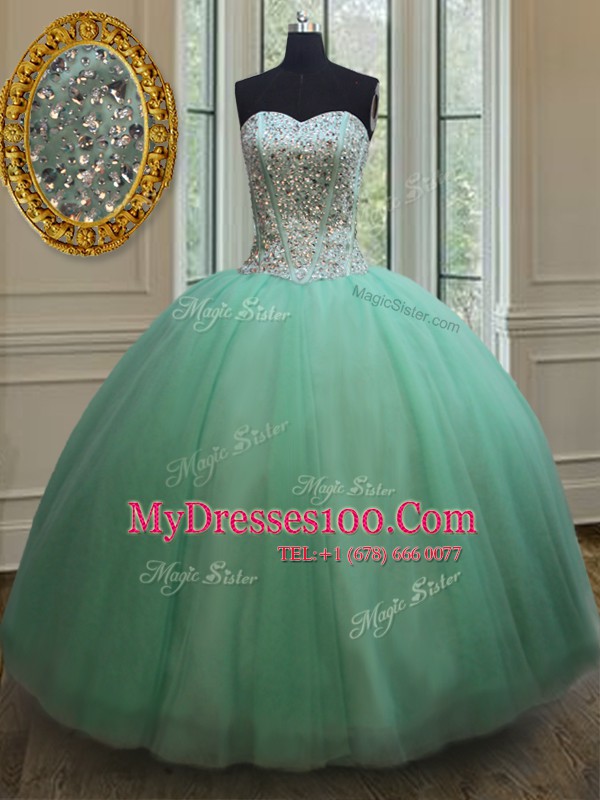 Perfect Apple Green Ball Gowns Beading Quince Ball Gowns Lace Up Tulle Sleeveless Floor Length