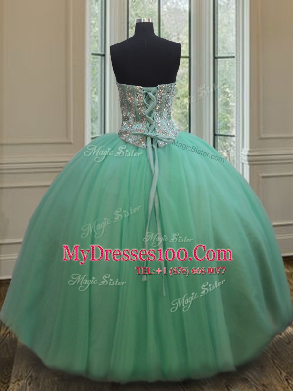 Perfect Apple Green Ball Gowns Beading Quince Ball Gowns Lace Up Tulle Sleeveless Floor Length