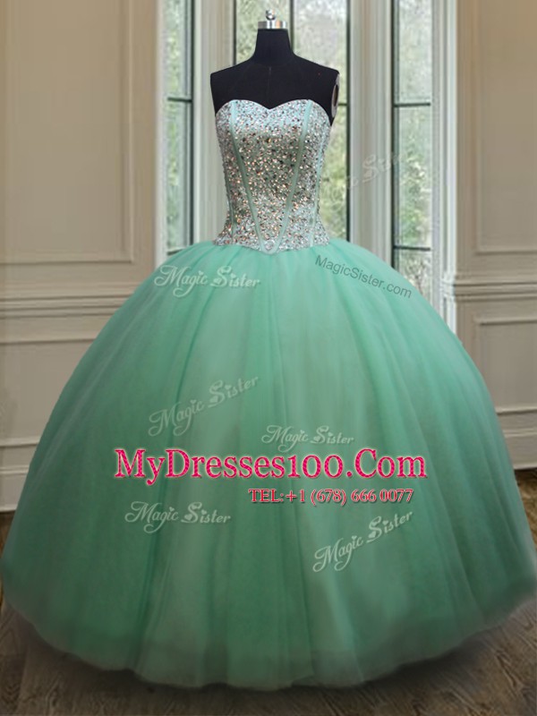 Perfect Apple Green Ball Gowns Beading Quince Ball Gowns Lace Up Tulle Sleeveless Floor Length