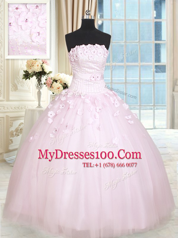 Fashion Baby Pink Tulle Lace Up Ball Gown Prom Dress Sleeveless Floor Length Beading and Appliques