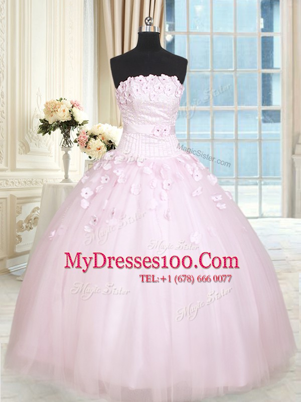 Fashion Baby Pink Tulle Lace Up Ball Gown Prom Dress Sleeveless Floor Length Beading and Appliques