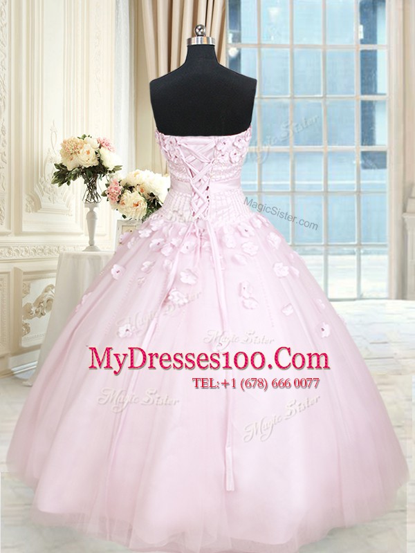 Fashion Baby Pink Tulle Lace Up Ball Gown Prom Dress Sleeveless Floor Length Beading and Appliques