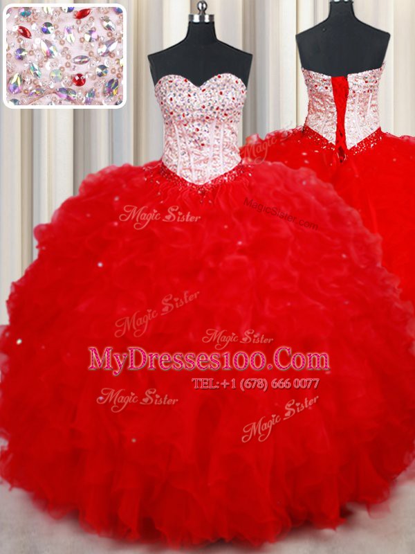 Red Ball Gowns Beading and Ruffles Quinceanera Dresses Lace Up Tulle Sleeveless Floor Length