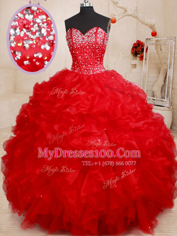 Red Sleeveless Floor Length Beading and Ruffles Lace Up Vestidos de Quinceanera