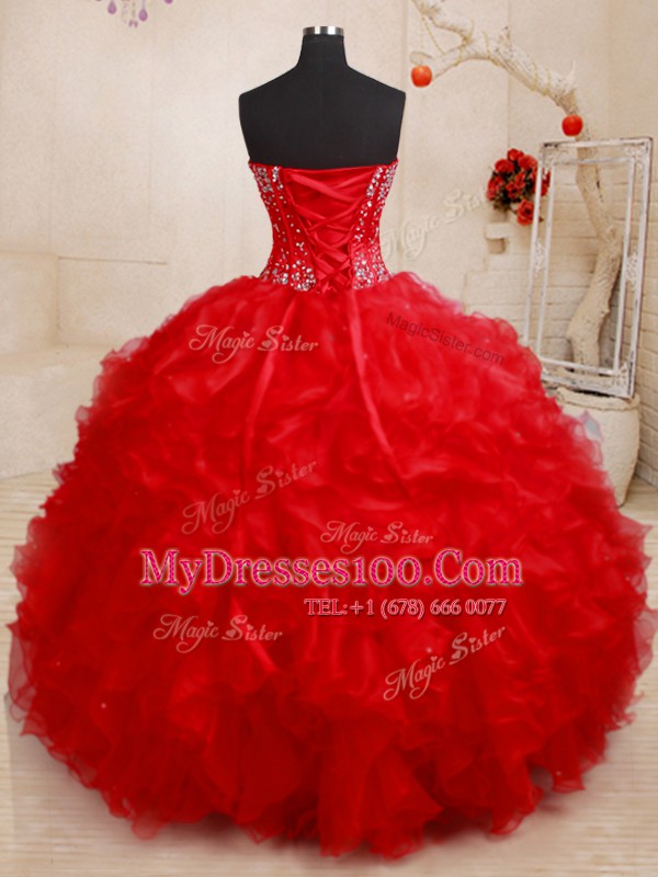 Red Sleeveless Floor Length Beading and Ruffles Lace Up Vestidos de Quinceanera
