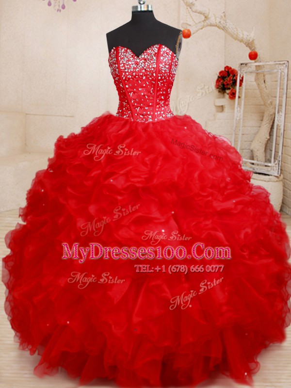 Red Sleeveless Floor Length Beading and Ruffles Lace Up Vestidos de Quinceanera