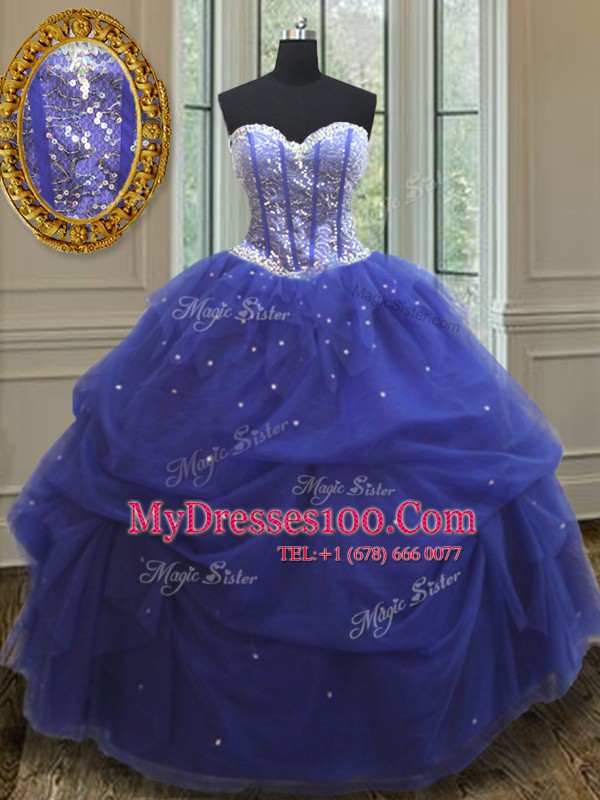 Affordable Blue Sleeveless Floor Length Beading and Sequins Lace Up Sweet 16 Dress