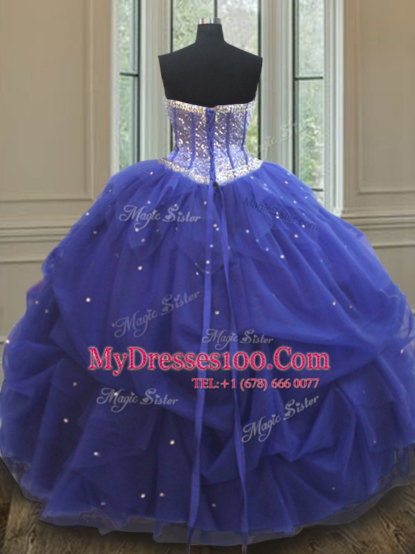 Affordable Blue Sleeveless Floor Length Beading and Sequins Lace Up Sweet 16 Dress