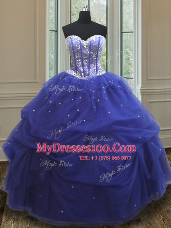 Affordable Blue Sleeveless Floor Length Beading and Sequins Lace Up Sweet 16 Dress