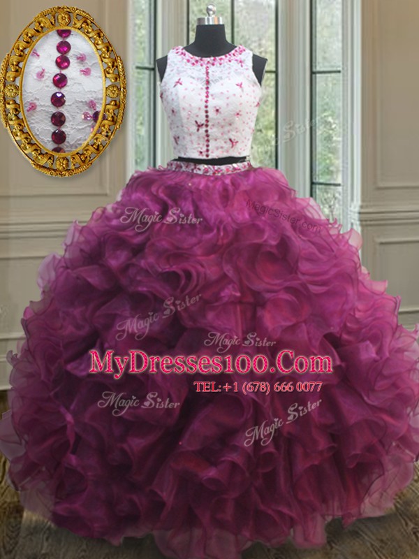 Glittering Two Pieces Burgundy Scoop Zipper Beading and Lace and Ruffles Sweet 16 Dress Sleeveless