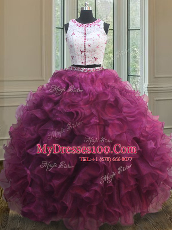 Glittering Two Pieces Burgundy Scoop Zipper Beading and Lace and Ruffles Sweet 16 Dress Sleeveless