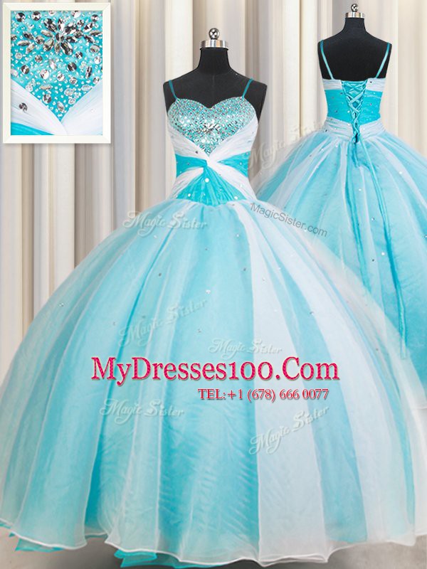 White and Blue Sleeveless Organza Lace Up Sweet 16 Dresses for Military Ball and Sweet 16 and Quinceanera