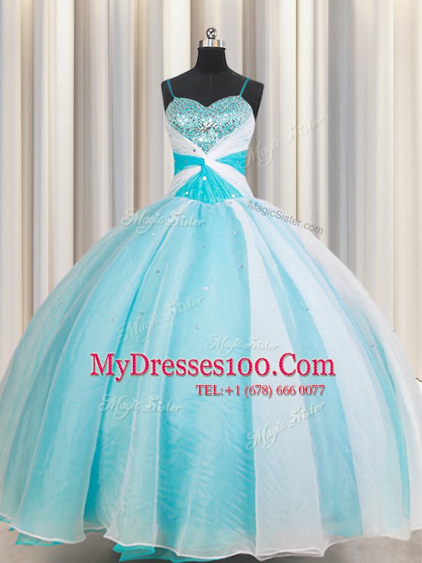 White and Blue Sleeveless Organza Lace Up Sweet 16 Dresses for Military Ball and Sweet 16 and Quinceanera