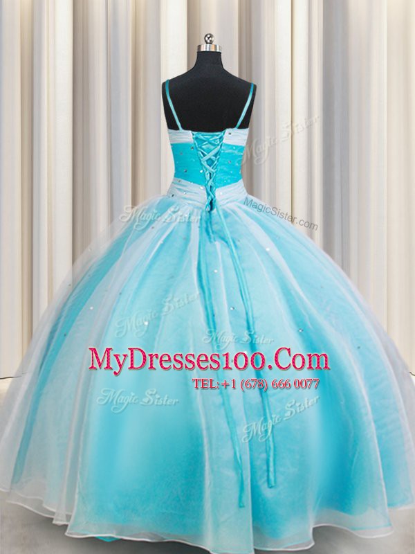 White and Blue Sleeveless Organza Lace Up Sweet 16 Dresses for Military Ball and Sweet 16 and Quinceanera