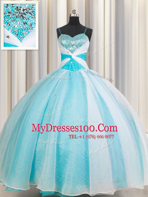 White and Blue Sleeveless Organza Lace Up Sweet 16 Dresses for Military Ball and Sweet 16 and Quinceanera