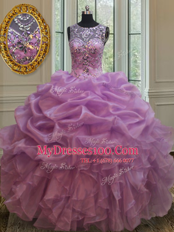 Scoop See Through Lilac Lace Up Sweet 16 Quinceanera Dress Beading and Ruffles Sleeveless Floor Length