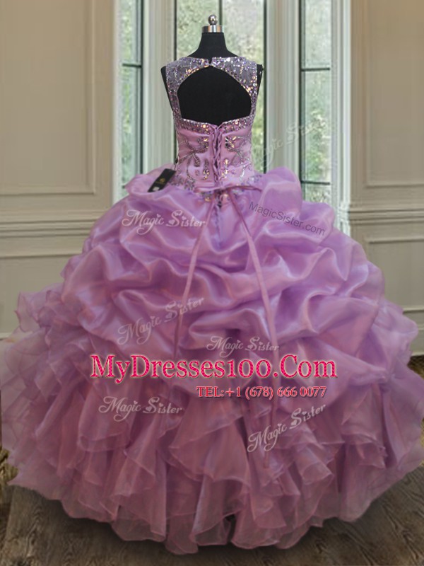 Scoop See Through Lilac Lace Up Sweet 16 Quinceanera Dress Beading and Ruffles Sleeveless Floor Length