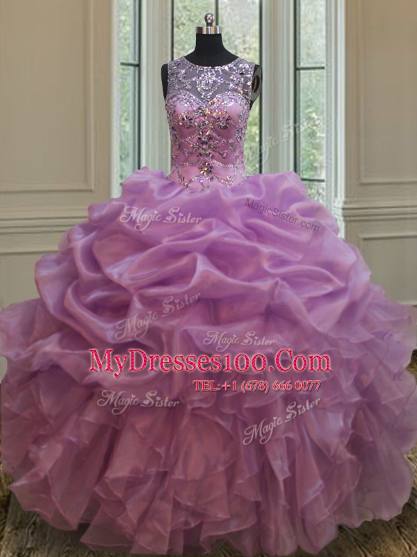 Scoop See Through Lilac Lace Up Sweet 16 Quinceanera Dress Beading and Ruffles Sleeveless Floor Length