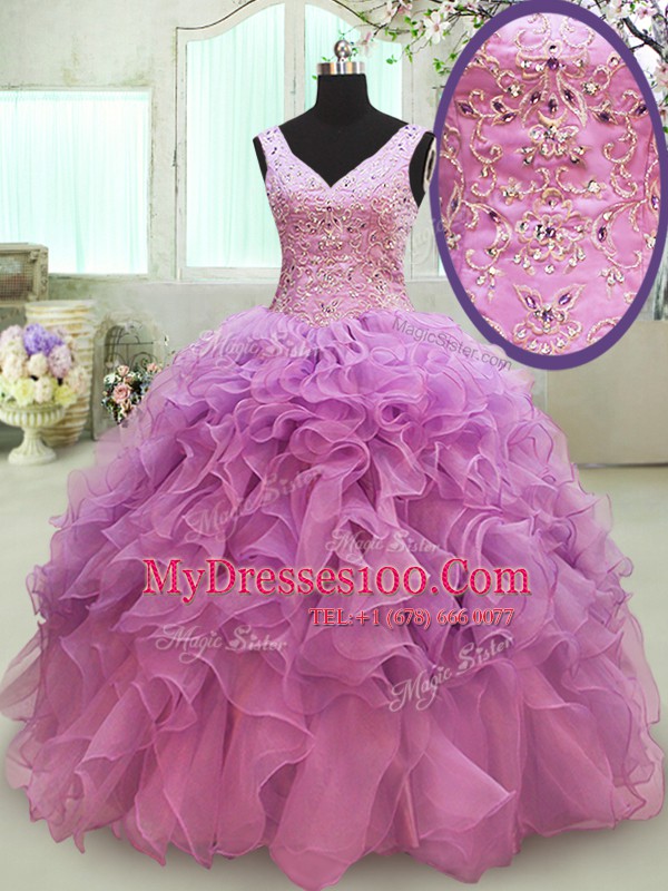 Organza Sleeveless Floor Length Sweet 16 Dress and Beading and Ruffles