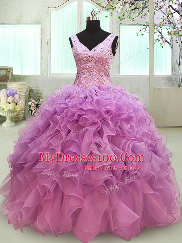 Organza Sleeveless Floor Length Sweet 16 Dress and Beading and Ruffles