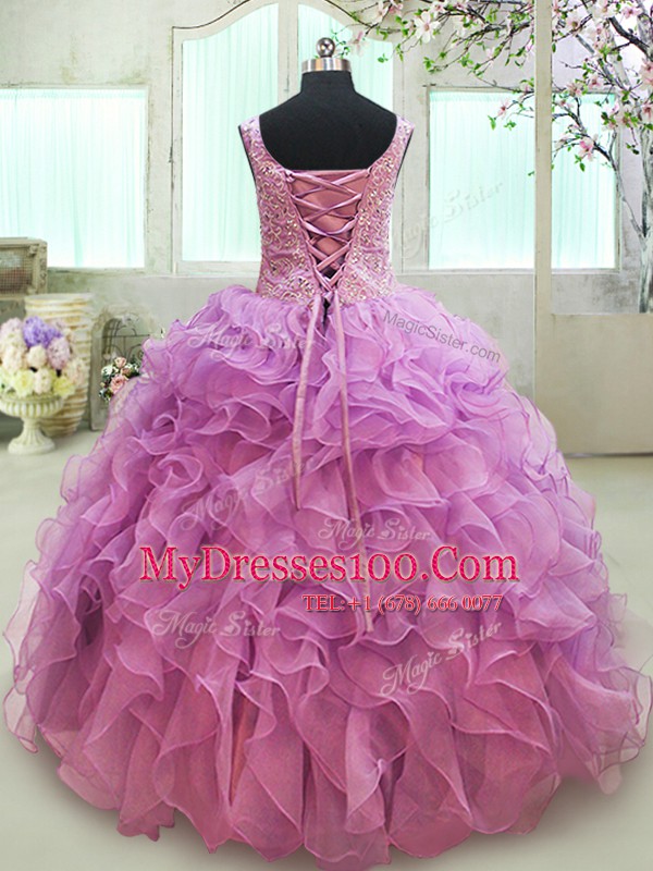 Organza Sleeveless Floor Length Sweet 16 Dress and Beading and Ruffles