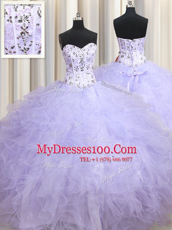 Sleeveless Beading and Ruffles Lace Up 15th Birthday Dress